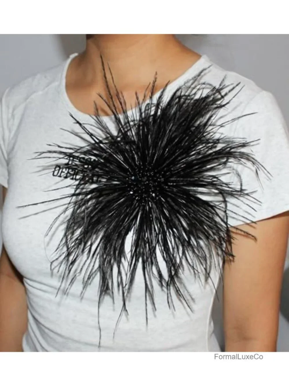 8 inch Large Ostrich Feather Brooch with Austrian Crystal, Dual Hair Clip and